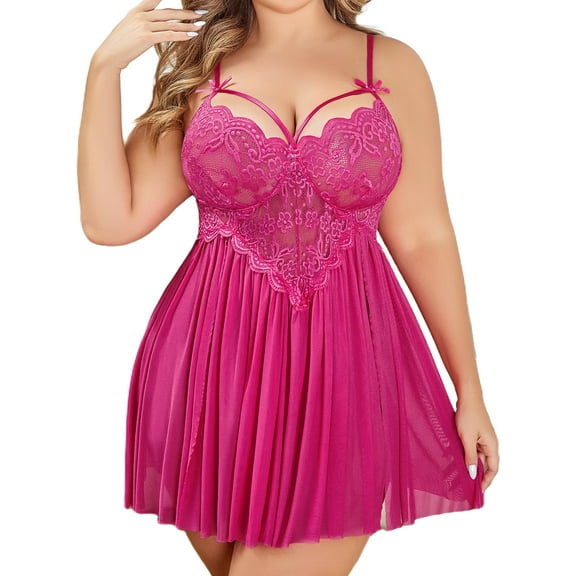 Avidlove Plus Size Lingerie for Women Sexy Strap Lace Chemise Nightgown V Neck Nighty Side Slit Mesh Sleepwear