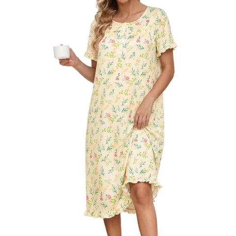Plus Size Nightgowns with Pockets for Women Button Front Henley NeckHouse Dresses Ruffle Hem Nightdress Sleepwear Short Sleeve Pajamas Dress