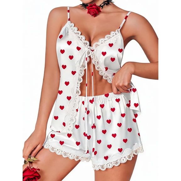 Avidlove Satin Silk Pajamas Set Sexy Tie Open Front Lingerie Pjs Lace Trim Cami Tops and Shorts Sleepwear