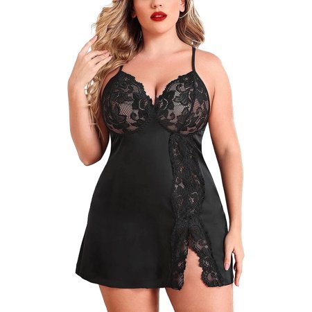 Avidlove Sexy Plus Size Lingerie For Women Satin Lace Mesh Strap Chemise V Neck Black 3XL