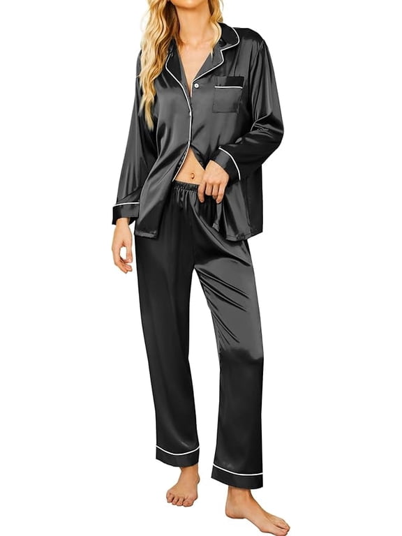 Satin Pajamas Women's Long Sleeve Sleepwear Soft Button Down Pj Set 2 Piece Loungewear S-XXL