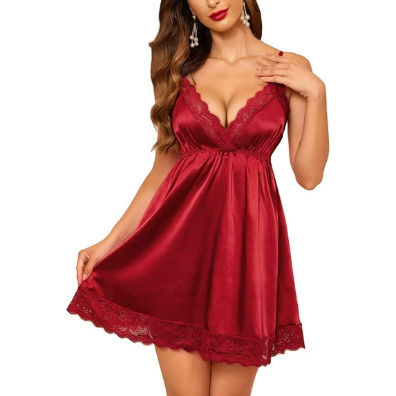 Avidlove Sleepwear for Women Sexy Nightgown Satin Nightdress Plus Size Lace Chemise with G String Wine Red XL