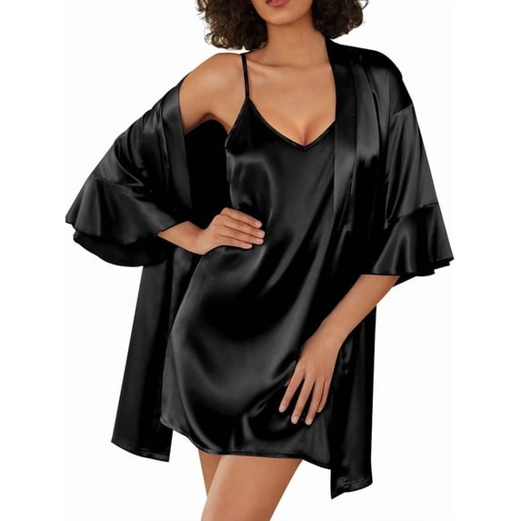 KISSGAL Sleeveless Nightgowns with Robes Set Satin Silk Bridal Party 3/4 Sleeves Bathrobes with Pocekts