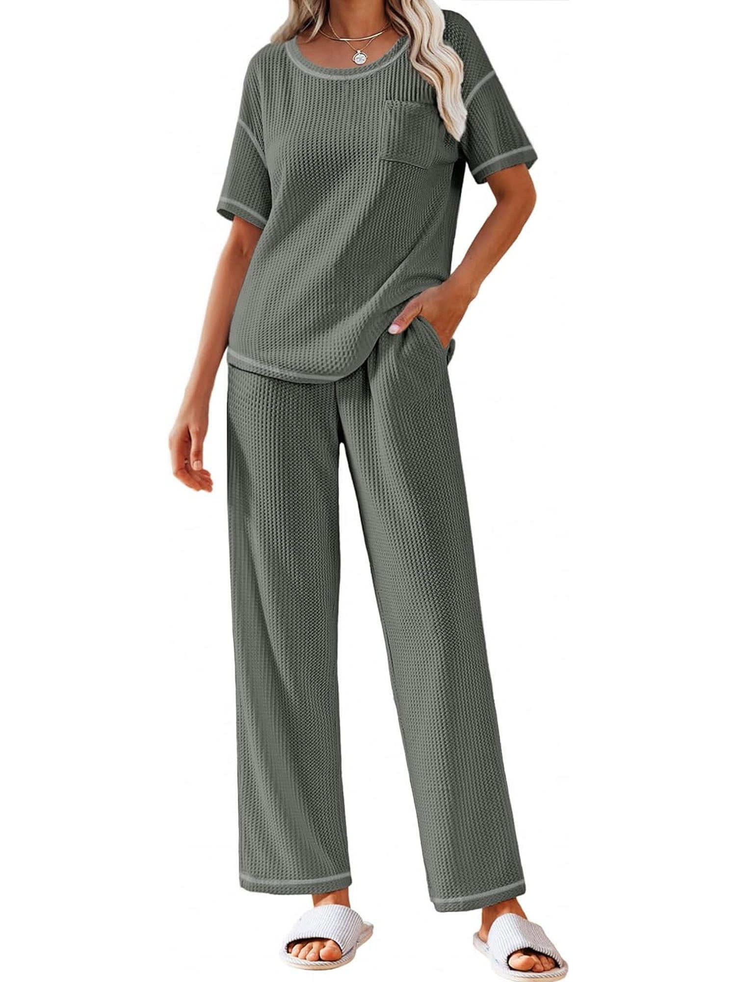 Avidlove Waffle Knit Pajama Sets Shorts Sleeve Top and Long Pant
