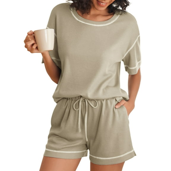Avidlove Waffle Knit Pajamas Set for Women 2 Piece Short Sleeve Lounge Top and Shorts Loungewear Drop Shoulder Pjs Sleepwear