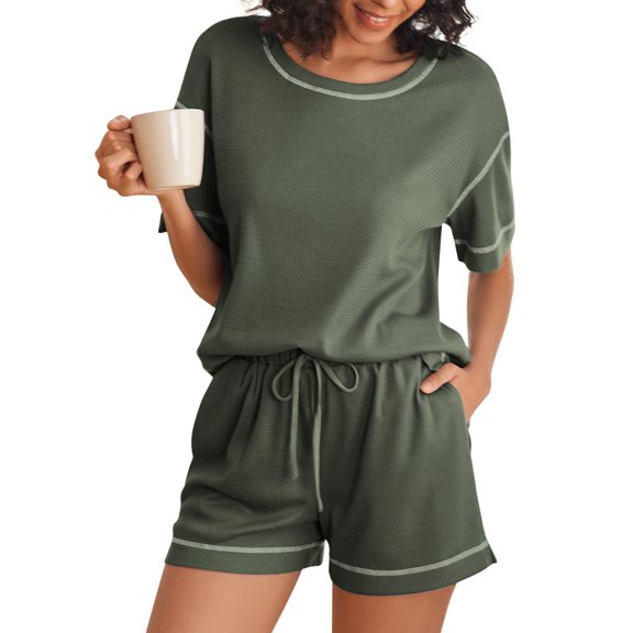Avidlove Waffle Knit Pajamas Set for Women 2 Piece Short Sleeve Lounge Top and Shorts Loungewear Drop Shoulder Pjs Sleepwear