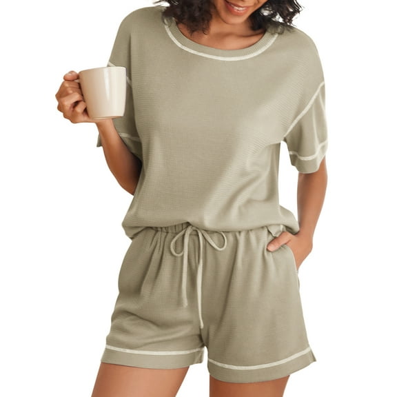 Avidlove Waffle Knit Pajamas Set for Women 2 Piece Short Sleeve Lounge Top and Shorts Loungewear Drop Shoulder Pjs Sleepwear