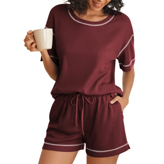 Avidlove Waffle Knit Pajamas Set for Women 2 Piece Short Sleeve Lounge Top and Shorts Loungewear Drop Shoulder Pjs Sleepwear