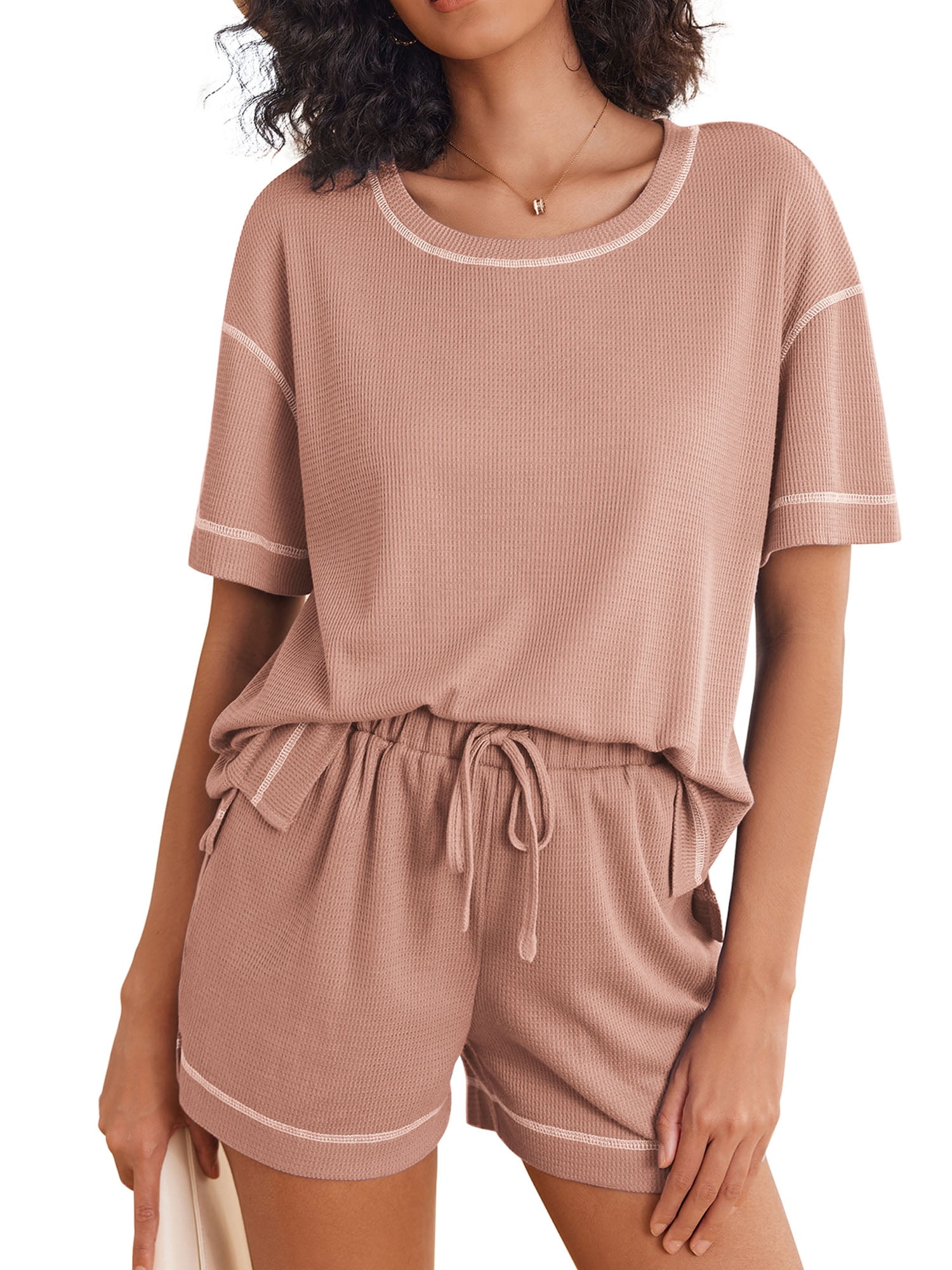 Lziizl Women's Waffle Knit Pajama Set - 2 Piece Long Sleeve Top & Shorts Lounge Set With Pockets, Loungewear