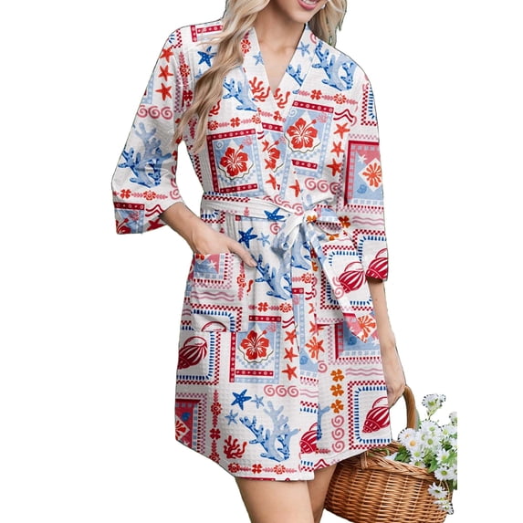 Avidlove Waffle Knit Robe for Women Soft Lightweight Tie Short Bathrobes 3/4 Sleeve Ladies Sleepwear