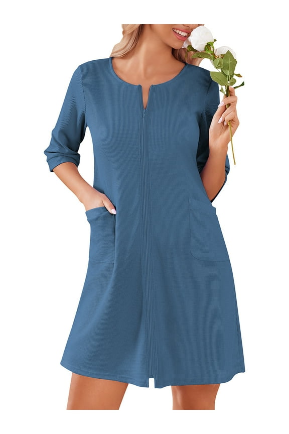 Waffle Zip Up Robes for Women 3/4 Sleeve House Coat Knee Length Bathrobes with Pockets Lightweight Nightgown S-3XL