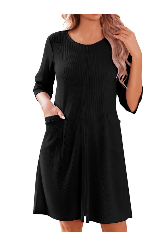 Waffle Zip Up Robes for Women 3/4 Sleeve House Coat Knee Length Bathrobes with Pockets Lightweight Nightgown S-XXL