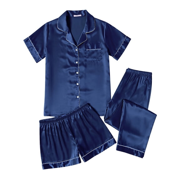 Avidlove Women 3 Piece Satin Silk Pajama Set Comfy Short Sleeve Button Down Pj Shirt with Shorts and Long Pants Sleepwear Soft Loungewear S-XXL