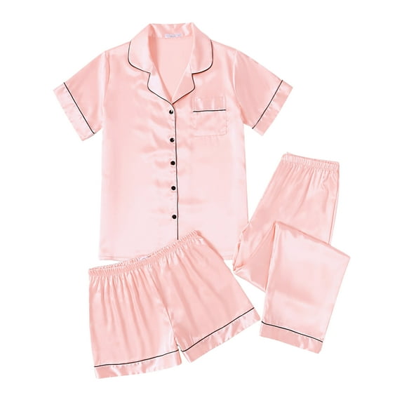 Avidlove Women 3 Piece Satin Silk Pajama Set Comfy Short Sleeve Button Down Pj Shirt with Shorts and Long Pants Sleepwear Soft Loungewear S-XXL