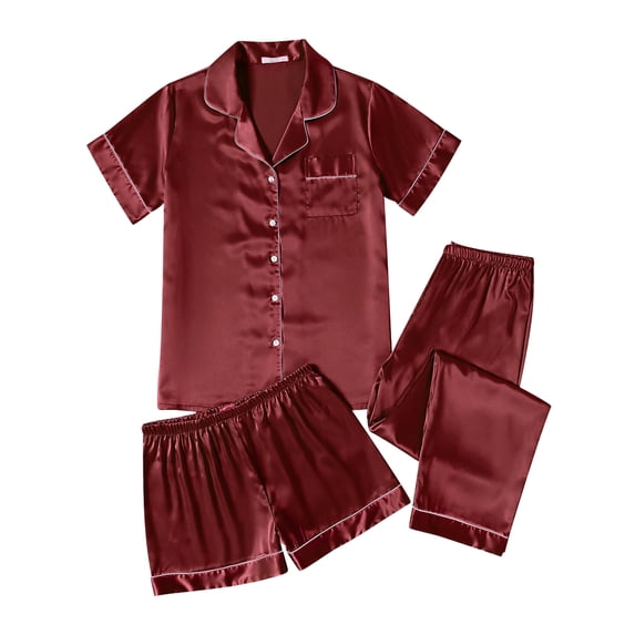 Avidlove Women 3 Piece Satin Silk Pajama Set Comfy Short Sleeve Button Down Pj Shirt with Shorts and Long Pants Sleepwear Soft Loungewear S-XXL