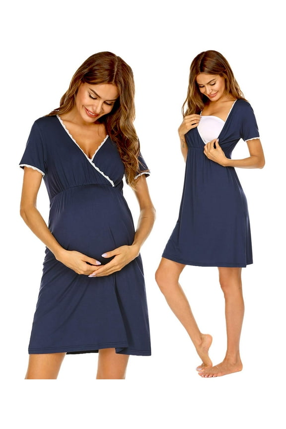Women 3 in 1 Delivery/Labor/Nursing Nightgown Short Sleeve Pleated Maternity Sleepwear for Breastfeeding Sleep Dress(S-XXL)