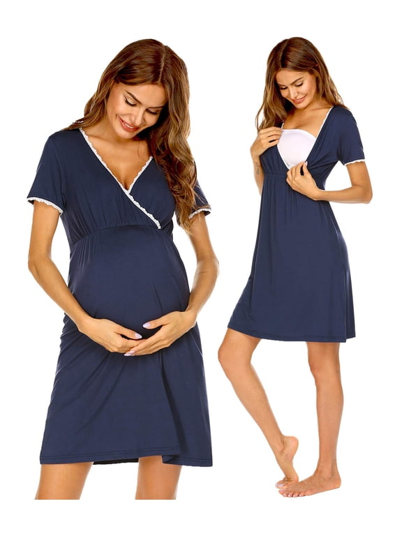 Women 3 in 1 Delivery/Labor/Nursing Nightgown Short Sleeve Pleated Maternity Sleepwear for Breastfeeding Sleep Dress(S-XXL)