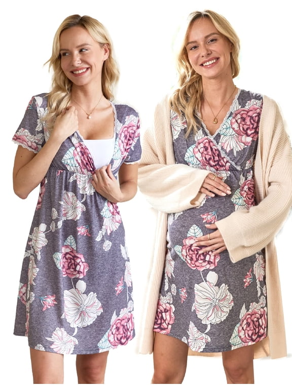 Women 3 in 1 Delivery/Labor/Nursing Nightgown Short Sleeve Pleated Maternity Sleepwear for Breastfeeding Sleep Dress(S-XXL)