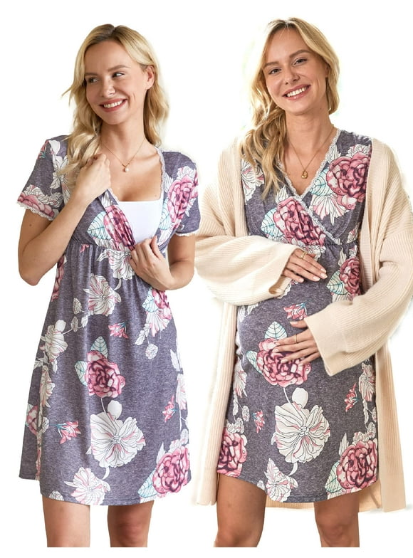 Avidlove Women 3 in 1 Delivery/Labor/Nursing Nightgown Short Sleeve Pleated Maternity Sleepwear for Breastfeeding Sleep Dress(S-XXL)