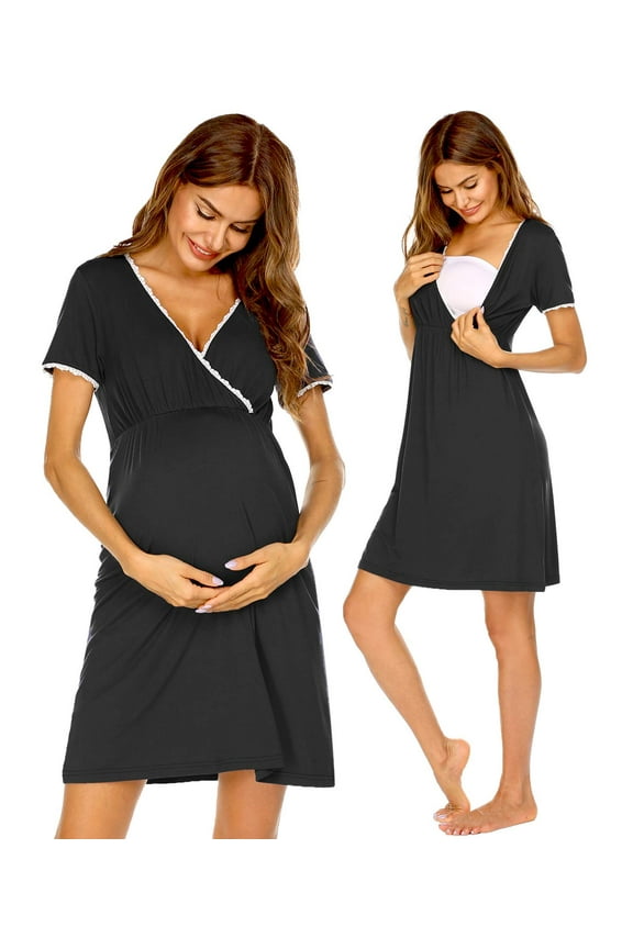 Women 3 in 1 Delivery/Labor/Nursing Nightgown Short Sleeve Pleated Maternity Sleepwear for Breastfeeding Sleep Dress(S-XXL)