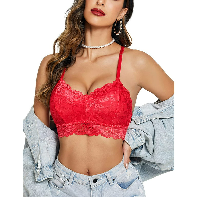 Avidlove Women Bralettes Padded Lace V Neck Camisoles Sexy Floral Cropped  Cami Bralettes Red M