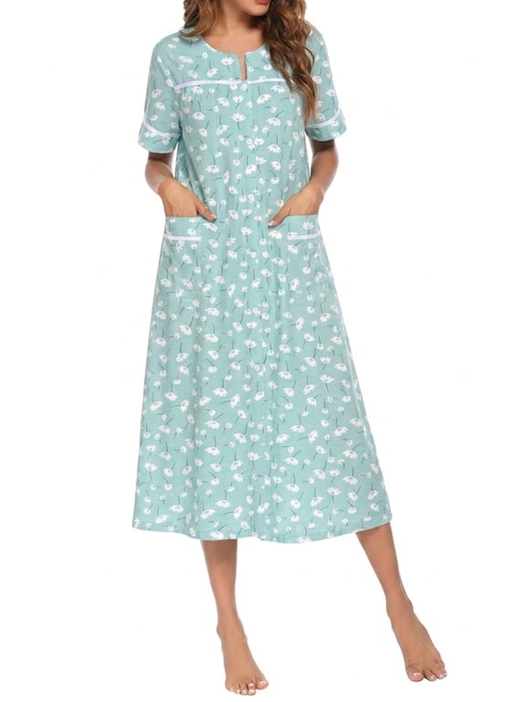Women Button Down Front Dusters Housecoat Oversized Nightgown Short Sleeve Lounge Dress Sleepwear with Pockets