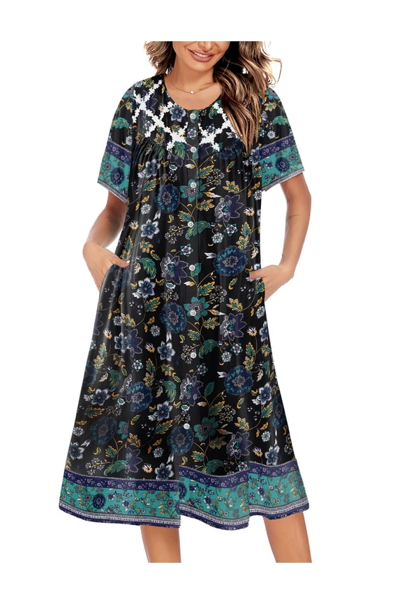 Women Button Down Nightgown Short Sleeve House Coat with Pocket Print Sleepwear House Dress