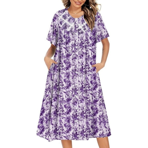 Avidlove Women Button Down Nightgown Short Sleeve House Coat with Pocket Print Sleepwear House Dress