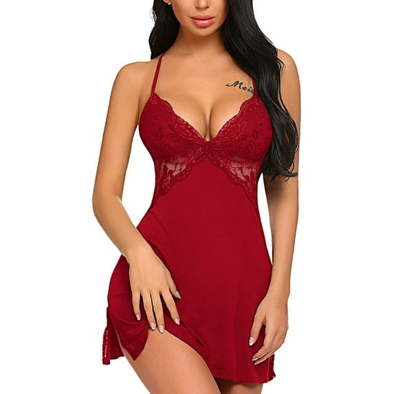 Avidlove Women Chemise Lingerie Full Slips Sexy Nightie Sleepwear Lace(Dark Red,S)