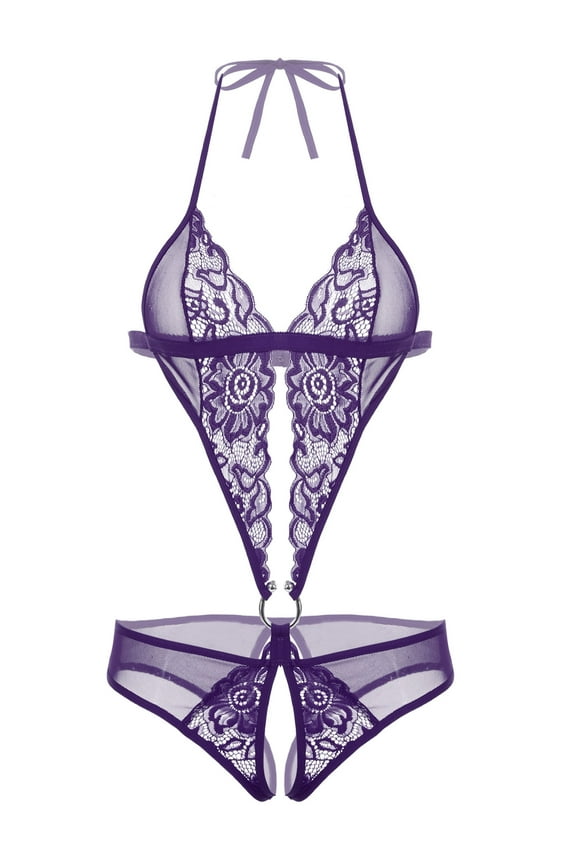 Women Deep V Lingerie Lace One Piece Mini Bodysuit Purple M