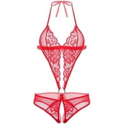 Avidlove Women Deep V Lingerie Mini One Piece Lace Bodysuit Red