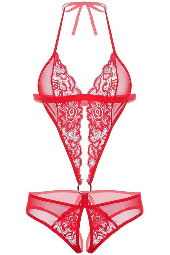 Women Deep V Lingerie Mini One Piece Lace Bodysuit Red