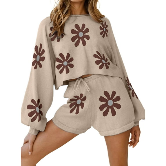 Avidlove Women Knit Pajamas Set Log Sleeve Floral Tops with Shorts 2 Piece Matching Sweater Sleepwear