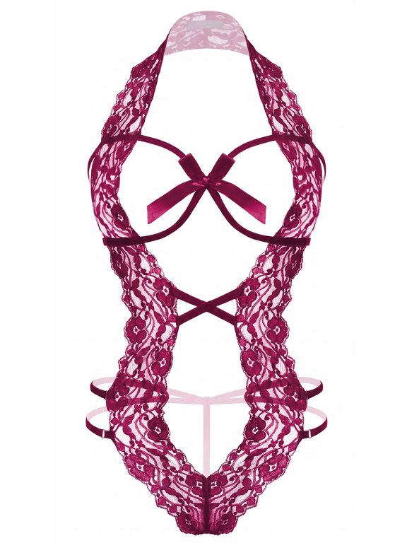 Women Lace Lingerie Deep V Halter Bodysuit One Piece Underwear