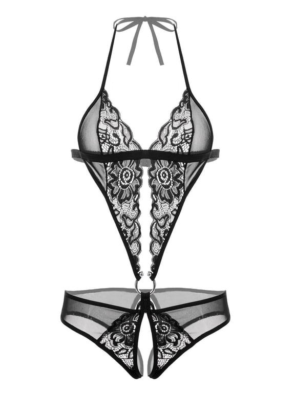 Women Lace Lingerie Deep V One Piece Mini Bodysuit Underwear Black