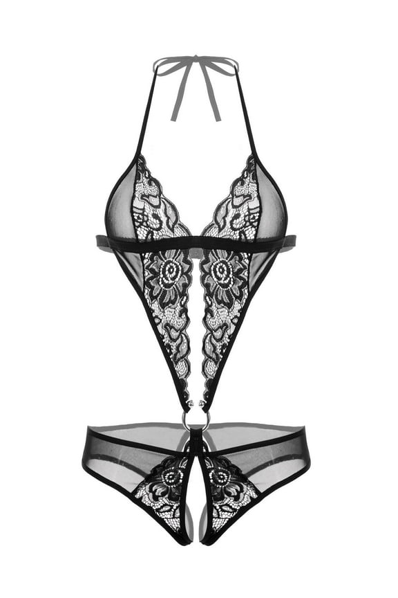 Women Lace Lingerie Deep V One Piece Mini Bodysuit UnderwearBlack