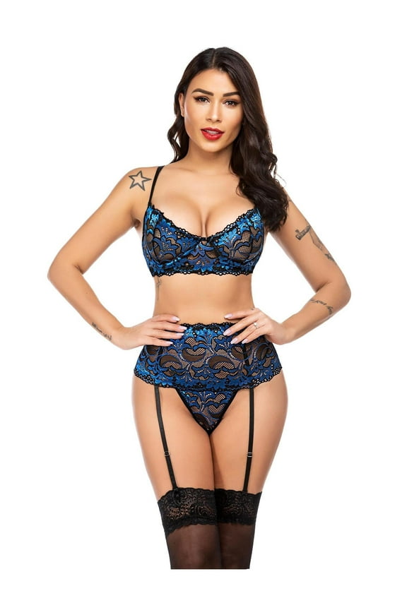 Women Lace Lingerie Set with Garter Belt High Waist Bra and Panty Set Sexy Underwear(BlueM)