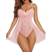 Avidlove Women Lingerie Bodysuit Lace Floral Snap Crotch Chemise Nighty Nightwear