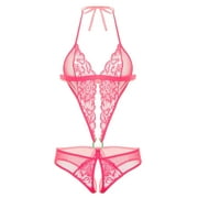 Avidlove Women Lingerie Halter Sleepwear One Piece Lace Mini Bodysuit Rose Red S