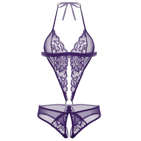 Avidlove Women Lingerie Halter Sleepwear One Piece Lace Mini Bodysuit X-Large Purple