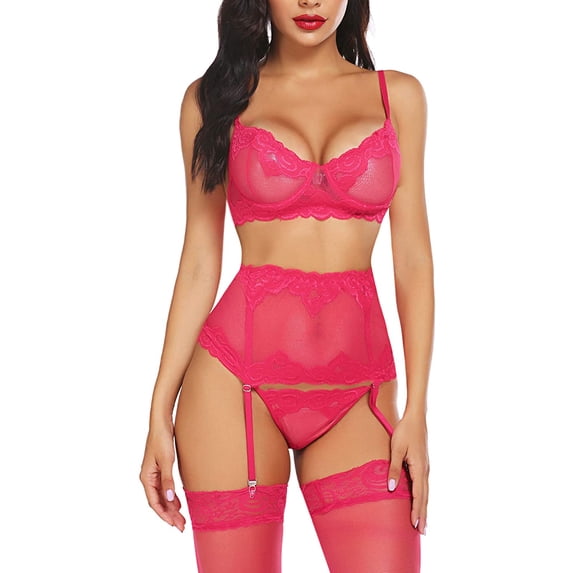 Avidlove Women Lingerie Set with Garter Bra and Panty Set 3 Piece Lace Underwired Lingerie Pink,M