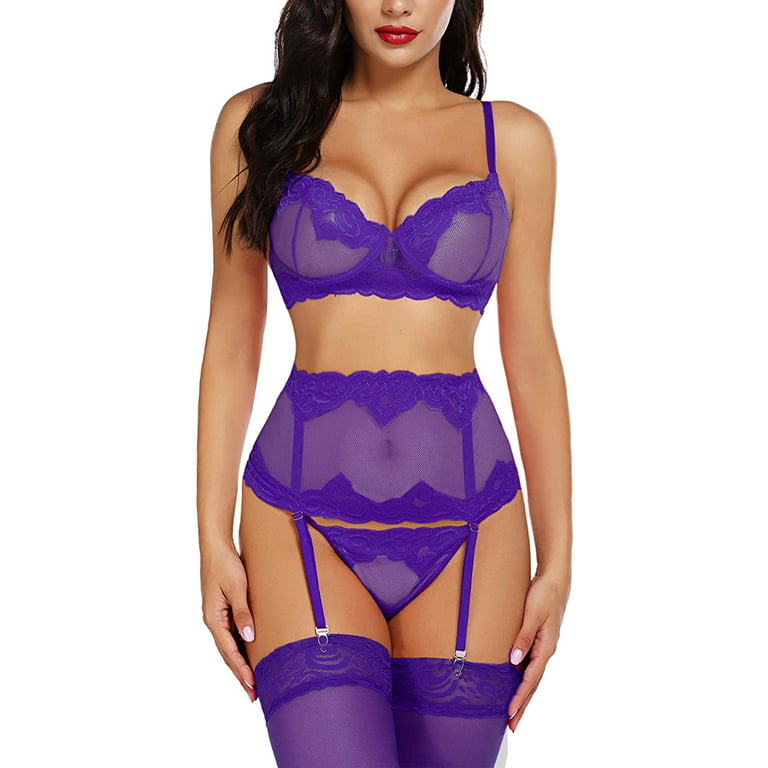 Avidlove Women Lingerie Set with Garter Bra and Panty Set 3 Piece Lace  Underwired Lingerie Purple，XL 