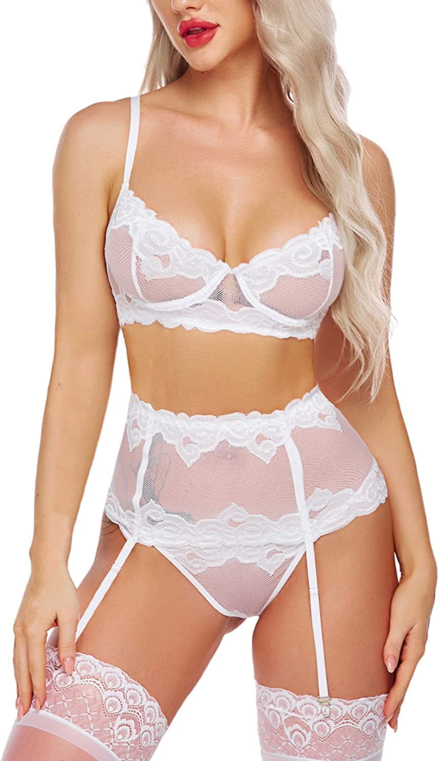 Avidlove Women Lingerie Set with Garter Bra and Panty Set 3 Piece Lace  Underwired Lingerie White，M