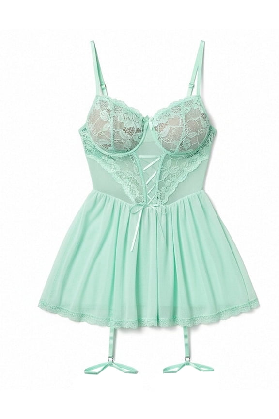 Women Lingerie Sexy Lace Mesh Chemise Nighty with Garter Belt Adjustable Spaghetti Strap Negligee Sleepwear