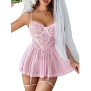 Avidlove Women Lingerie Sexy Lace Mesh Chemise Nighty with Garter Belt Adjustable Spaghetti Strap Negligee Sleepwear