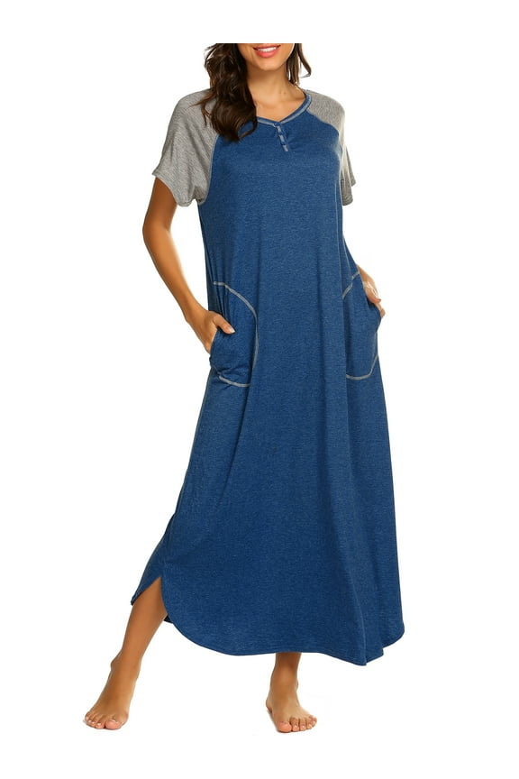 Women Long Nightgown Full Length Sleep Shirt Sleepwear Short Sleeve Loungewear with Pockets