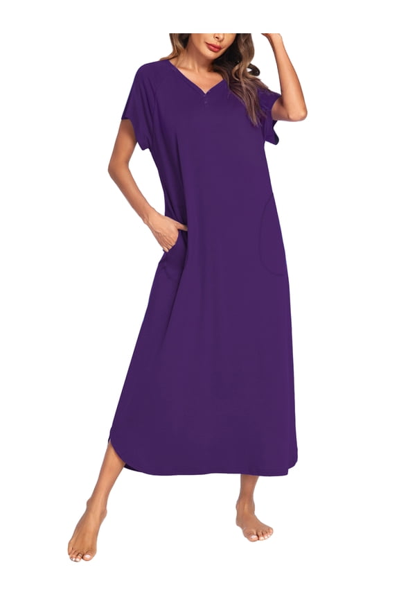 Women Long Nightgown Full Length Sleep Shirt Sleepwear Short Sleeve Loungewear with Pockets