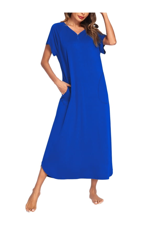 Women Long Nightgown Full Length Sleep Shirt Sleepwear Short Sleeve Loungewear with Pockets