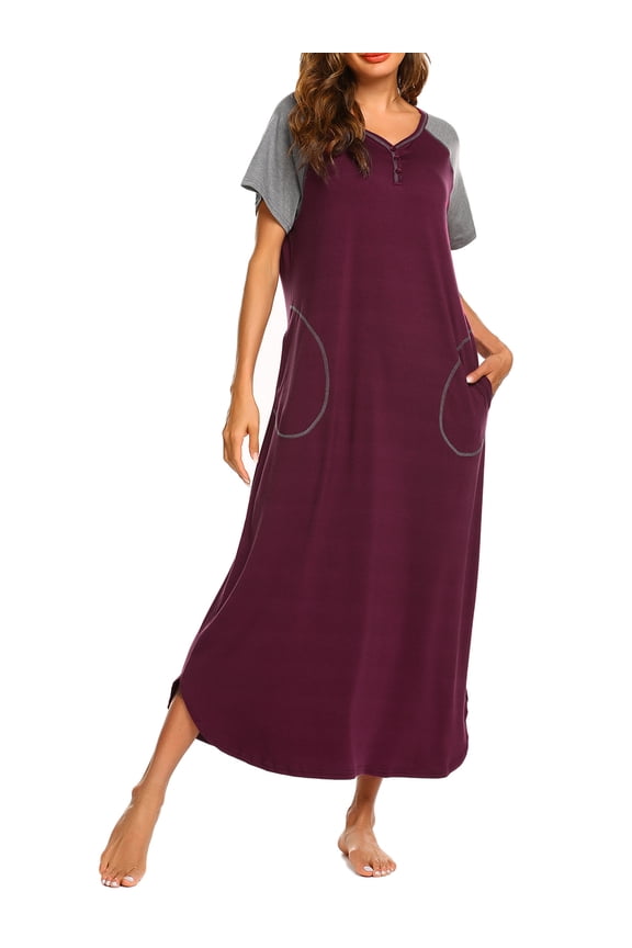 Women Long Nightgown Full Length Sleep Shirt Sleepwear Short Sleeve Loungewear with Pockets