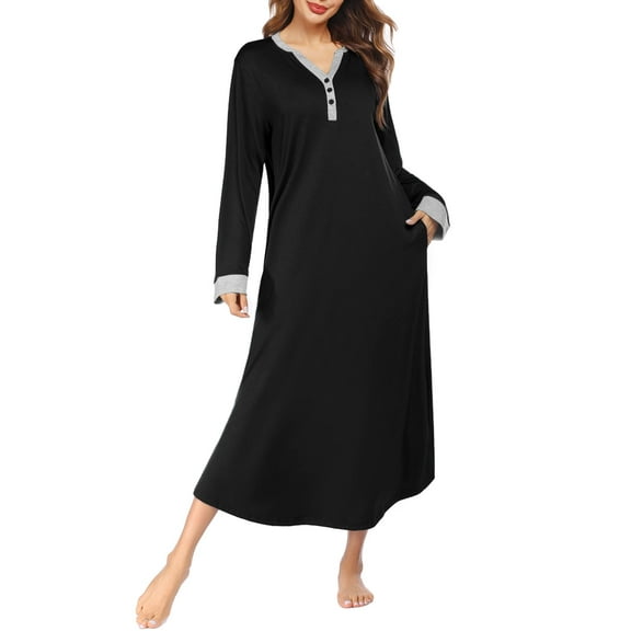 Avidlove Women Long Nightgown V Nek Nightshirt Sleepwear Full Length Sleepshirt with Pockets Long Sleeve Sleep Dress